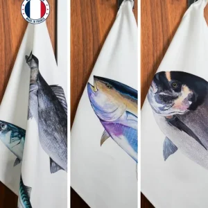 Lot de 3 Torchons 100% coton : Bar & Maquereau, Thon Rouge & Sardines