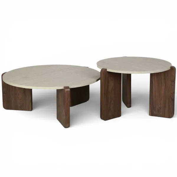 Table Basse en Noyer et Travertin, D.60 / D.80 cm – Image 4